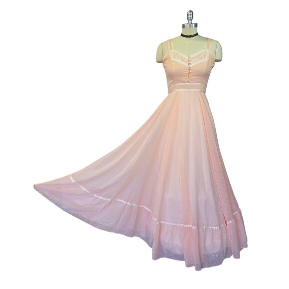 Gunne Sax Pink Maxi Dress Size S 9 Lace Prairie Swiss Dot Peach Vintage 70s - Picture 2 of 13